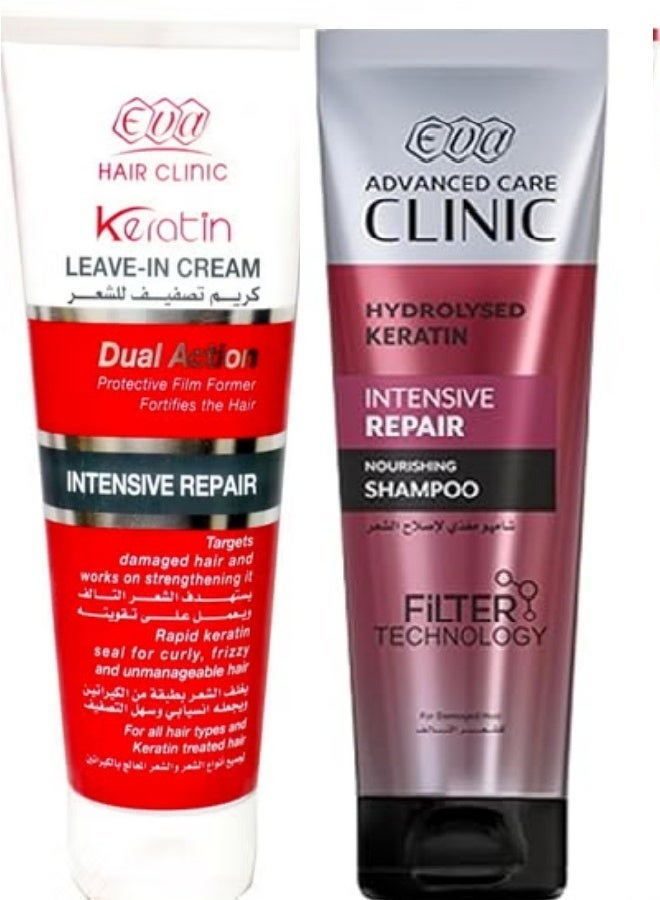 Eva Keratin Leave In Cream 200 Ml +Eva Hair Clinic Dual Action Intensive Repair Shampoo 230 Ml - Image 1